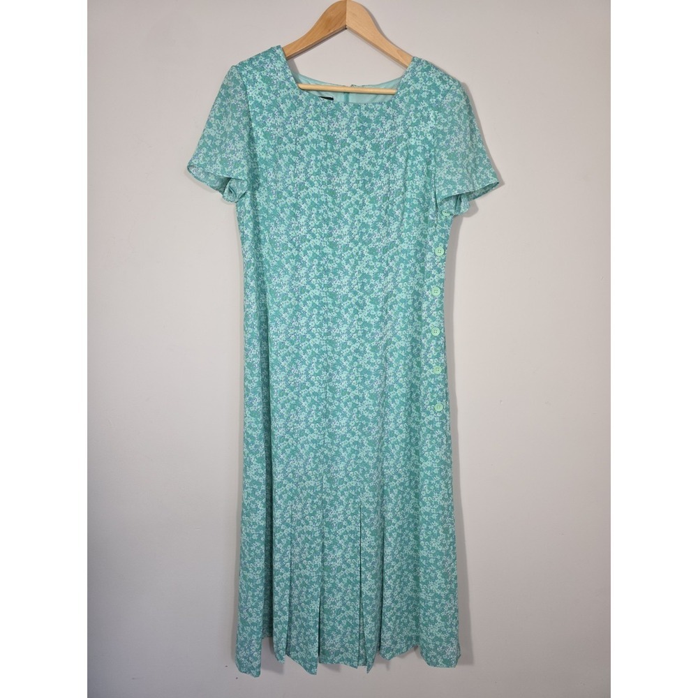 Vintage 90s Leslie Fay Floral Midi Dress Aqua Side Button Cottagecore 10P - Picture 2 of 10